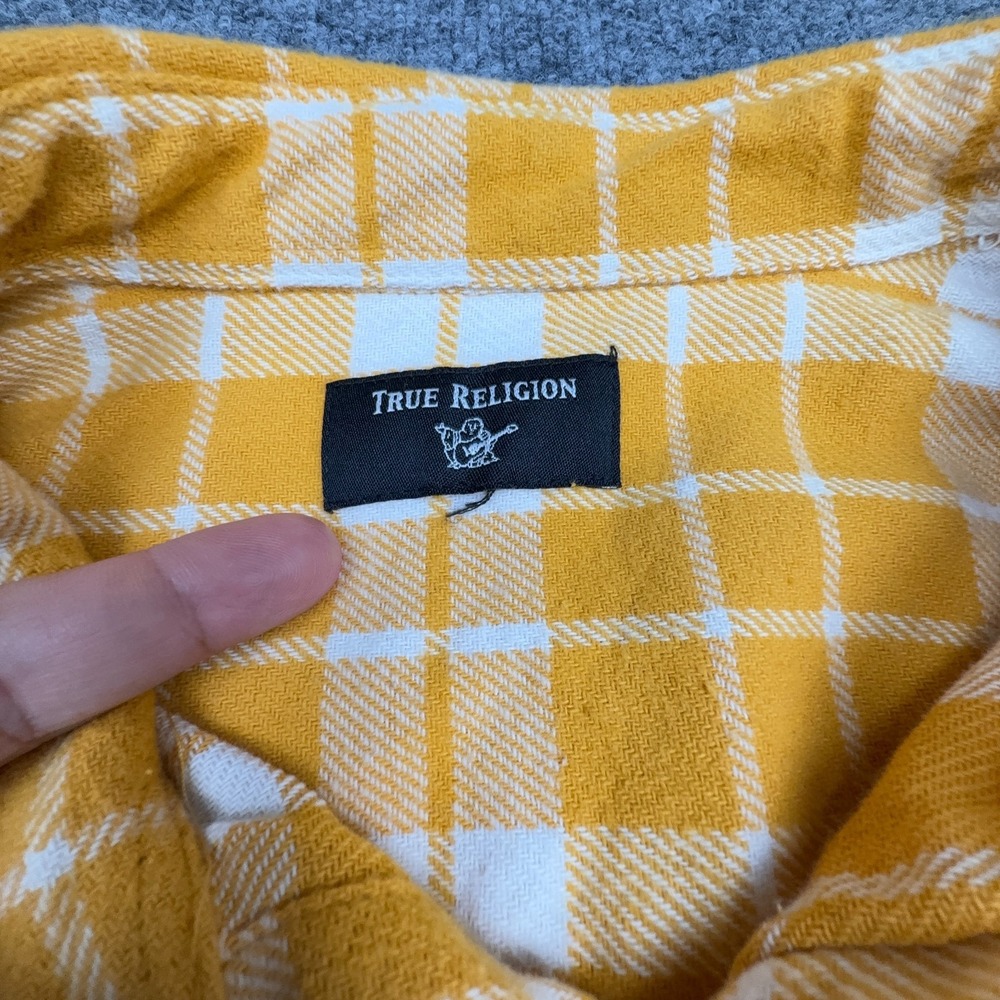 True Religion Plaid Flannel Shirt Men's XL Yellow Button Up Long Sleeve - Picture 3 of 14